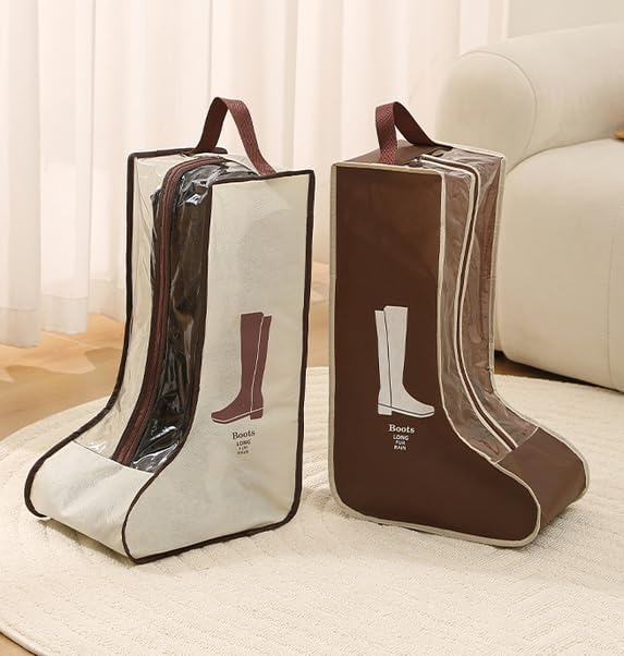 Rikyo 2 Set Beige Shoe Storage,Portable Tall Boots Storage&Protector Bag | Protector Bag,Shoe Dust Bags,Shoe Sleeves for Travel,Clear Window Boots Cover,Shoes Packing Organizers for Adult Sneakers