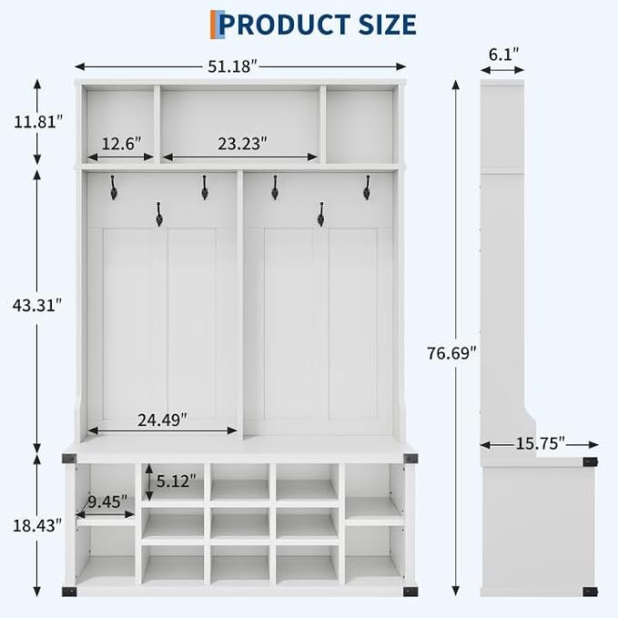 Garvee Farmhouse Entryway Hall Tree with Bench, Shoe Storage & Coat Rack | Large 5-in-1 Mudroom Storage w/ 6 Tri-Hooks & Seating, 13 Cubbies & Adjustable Shelf, Metal Corner Protctor, White