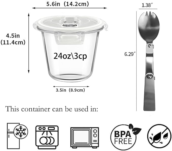 H.JSS WDJS 3 Cup Round Glass Meal Prep Containers with Lids,24oz Glass Food Storage Containers with Spoons, Heat-Resistant BPA-Free for Soup, Leftover, Oven, Dishwasher, Fridge, Freezer Safe (2 Pack)