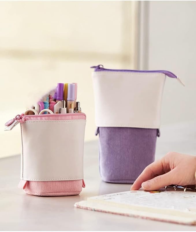 Telescopic Pencil Bag Pen Holder Stationery Case, PU Corduroy Stand-up Retractable Transformer Bag Colorful Organizer, Great for Christmas Holiday (Black)