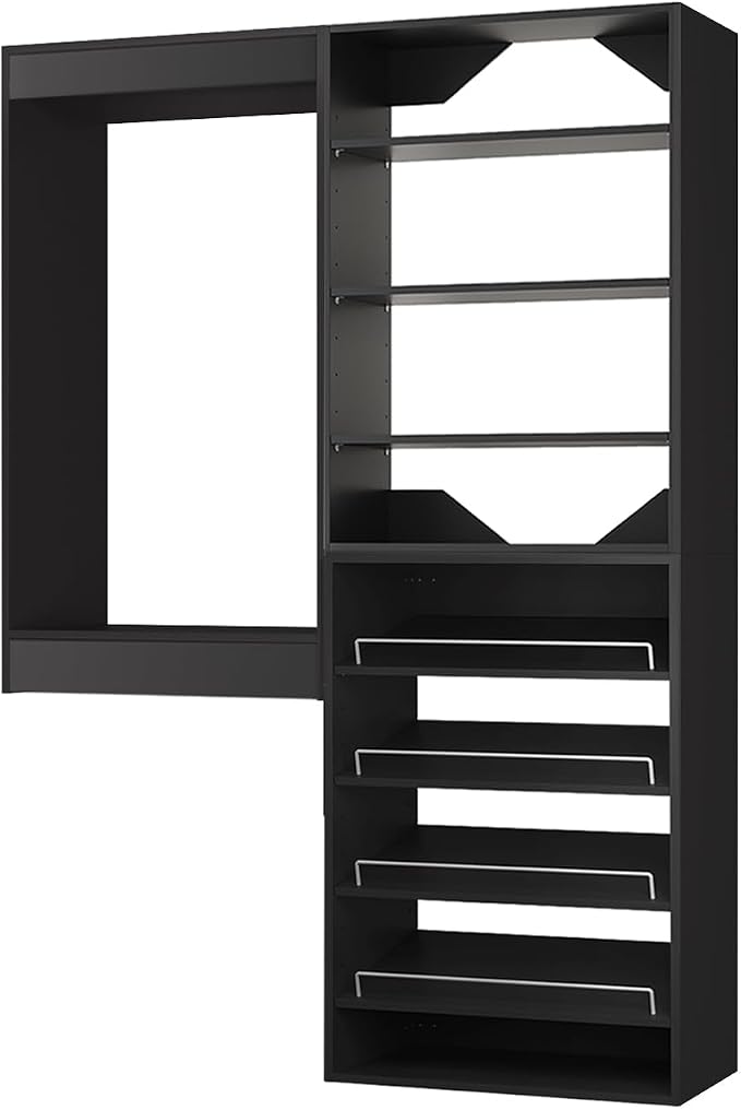 ROOMTEC Modular Closet System, 58" Wall Mounted Closet Organizer with Hanging Rods and Shoe Shelf, Wooden Tower for Walk-In Closets, Wardrobe Storage Kit, Black