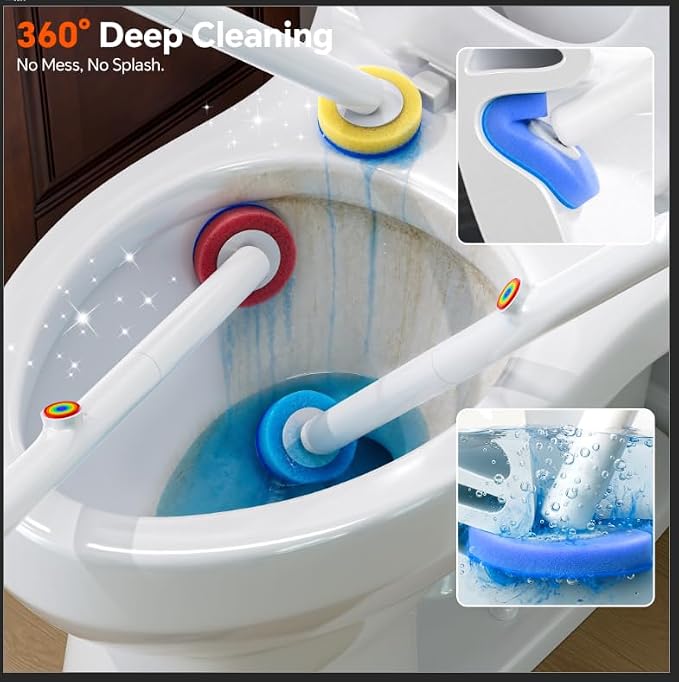 2-Pack Disposable Toilet Brushes and Brush Holder with Extended Handle, Includes 28 Cleaning Replacement Brush Heads for Cleaning Toilets, Bathrooms, and Bathtubs - Colored Refill Heads
