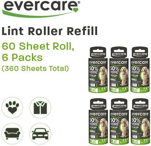 Evercare Pet Lint Roller Refill Extra Sticky All Purpose, 6 Pack, 60 Sheets Each (360 Total)