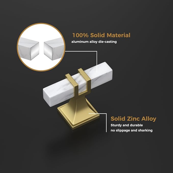 10 Pack White Marble Cabinet Knobs, Gold T-bar Knobs Marble Grain and Gold Knobs, Kitchen Cabinet Knobs, Solid Square Dresser Drawer Knobs Kitchen Hardware