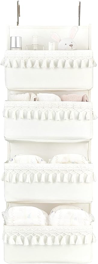 Dahey Over The Door Organizer Boho Nursery Storage Decor Closet Hanging Organizer with Tassels Decoration for Bedroom Nursery Bathroom Apartments Dorm Pantry, 4 Pockets, White