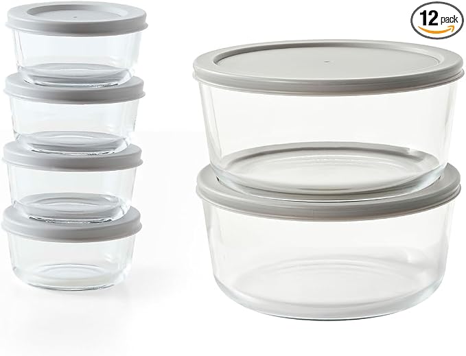 12-Piece Glass Food Storage Containers Set (6 Containers + 6 BPA-Free Lids) | 1-Cup & 6.5-Cup, Leakproof | Microwave, Freezer, Oven & Dishwasher Safe | Ideal for Meal Prep & Pantry Organization, Grey