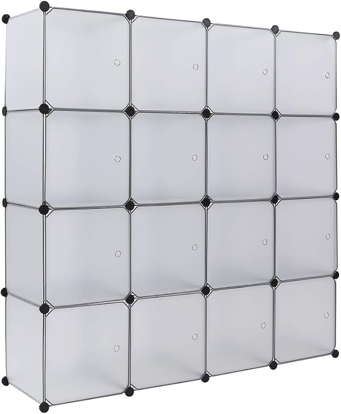16 Cubes Storage Organizer,Portable Closet Wardrobe,Plastic Clothes Storage Shelves,Modular Bookcase Closet Cabinet,with Doors,for Kitchen, Bedroom, Playroom, Living Room, Office, Dorm (White)