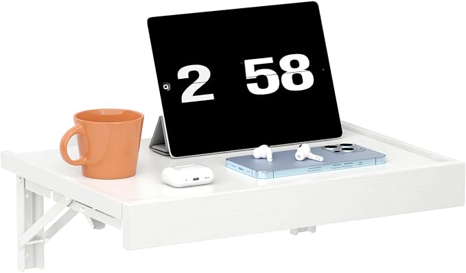 TEAMIX Wall Mounted Folding Bedside Shelf, White Wood Floating Nightstand Table with Heavy-Duty Brackets, 16.5''x12'' Space Saving Bed Side Tray Storage for Bedroom, Living Room, Dorm (White, Basic)