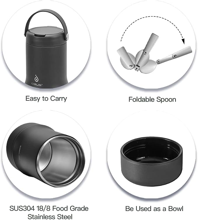 Ideus Soup Thermo with Foldable Spoon and Bowl 20oz, All-in-one Insulated Bento Lunchbox Stainless Steel Leakproof Portable Soup Container Vacuum Thermal Food Jar for Lunch, Black