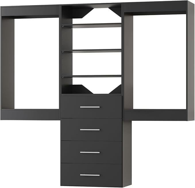 ROOMTEC Modular Closet System, 96" Wall-Mounted Closet Organizer with Drawers and Hanging Rods, Wooden Tower for Walk-In Closets, Wardrobe Storage Kit, Black