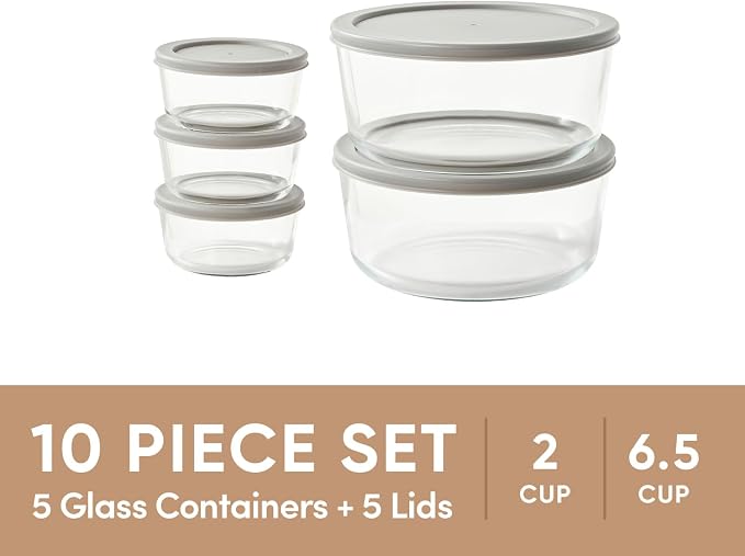 10-Piece Glass Food Storage Containers Set (5 Containers + 5 BPA-Free Lids) | 2-Cup & 6.5-Cup, Leakproof | Microwave, Freezer, Oven & Dishwasher Safe | Ideal for Meal Prep & Pantry Organization, Grey
