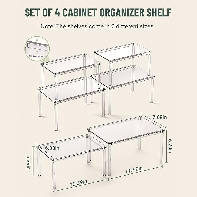 4 Pack Clear Acrylic Spice Rack, 5mm Thick Stackable Cabinet Shelf Riser, No Drill Wall Mounted Kitchen Organizer with Adjustable Feet, Multi-Purpose Storage for Pantry Countertop Bathroom Makeup