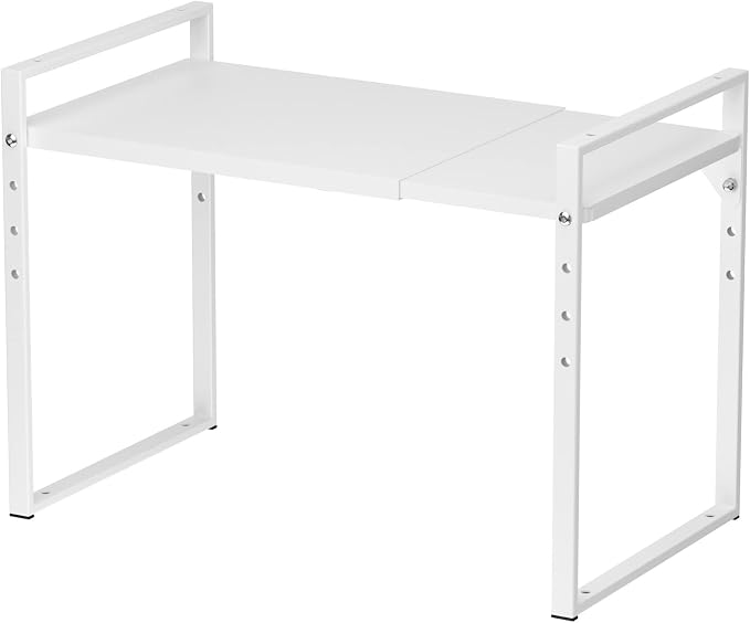 iPEGTOP Extendable Microwave Oven Rack, Adjustable Height Microwave/Toaster Shelf Heavy Duty Metal Pantry Shelf Space Riser Stand Organizer for Kitchen Counter Top Organization, White