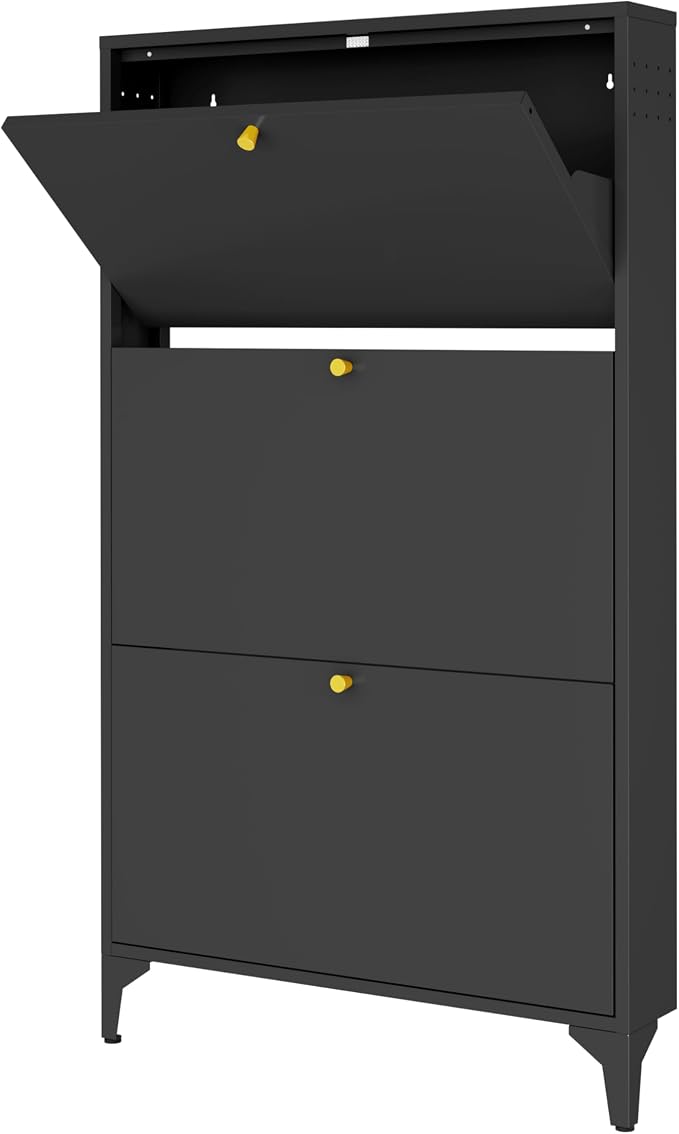 Shoe Cabinet with 3 Flip Drawers-Metal Narrow Shoe Rack for Entryway,Hallway,Living Room-Hidden Metal Shoe Cabinet-Freestanding Shoe (3 Door, Black)