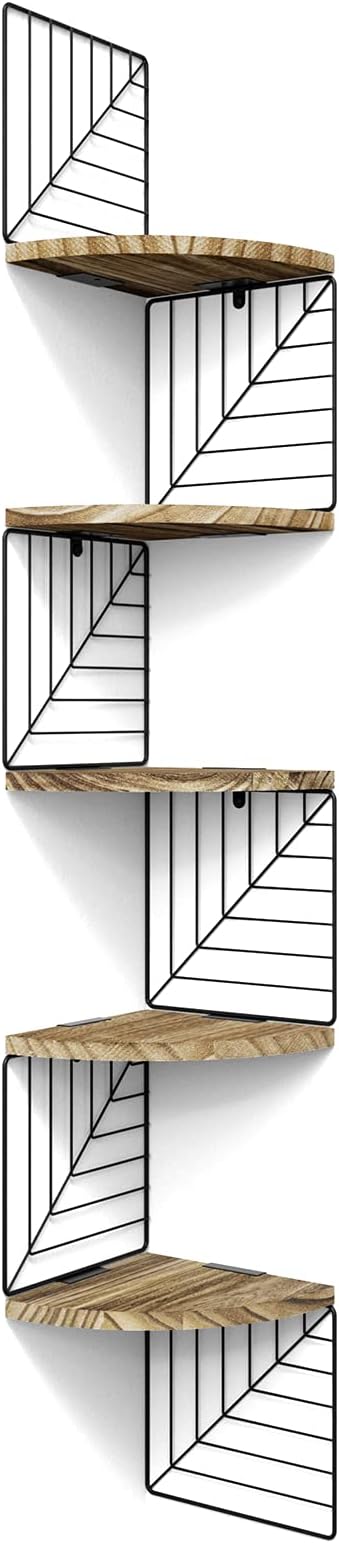 Love-KANKEI Corner Wall Shelf 5 Tier,Solid Wood,51" Tall,Carbonized Black | Easy to Install,Leaf-Shaped Floating Wall Shelves,Capacity 44 Lbs,For Bedroom Living Room Bathroom Kitchen Office,Display