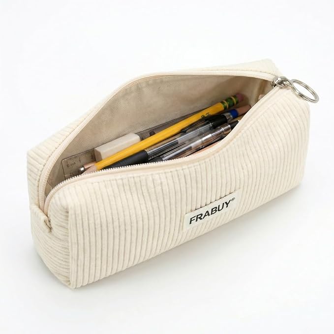 Soft Corduroy Pencil Case Pen Pouch Organizer, Small Stationery Bag | Cute white pencil pouch, smooth zipper, daily cosmetics holder, compact organizer for school teen girls, women