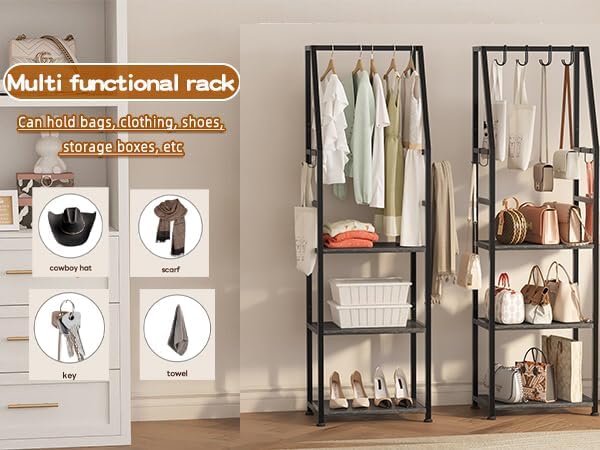 Hall Tree with Hanging Hooks,Heavy-Duty Metal Coat Rack with Shoe Shelves,3-Tier Purse Stand Handbag Organizer，Suitable for Hallway,Bedroom and Bathroom (Brown)