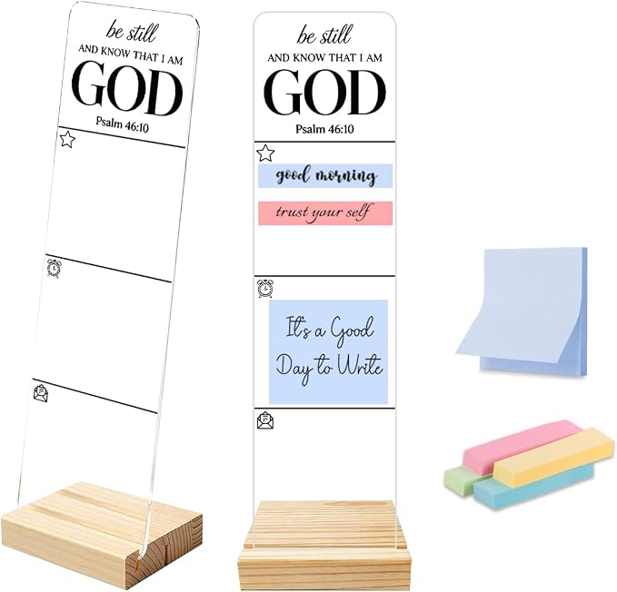 Sticky Note Holder, Monitor Memo Board, Sticky Note Board for Desk, Acrylic Desk Buddy with Wooden Base, Includes 200 Notes, Religious “Be Still and Know that I Am God Psalm 46:10”