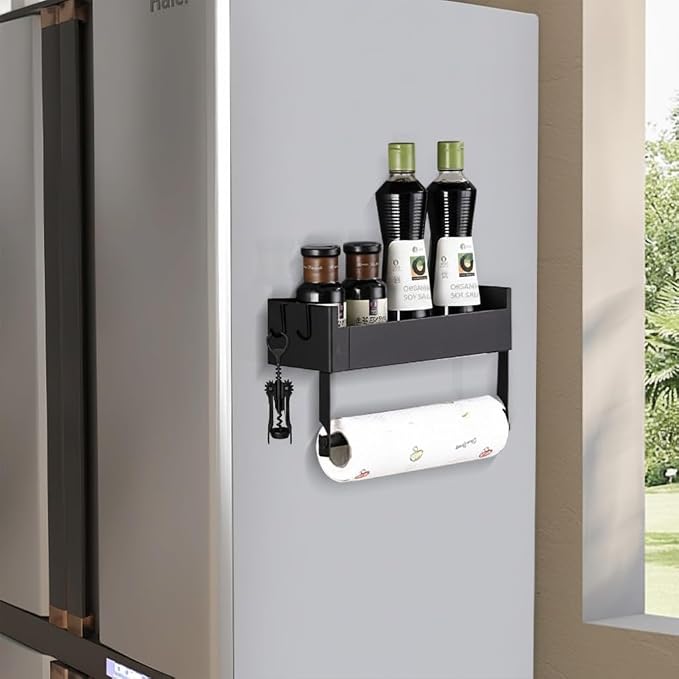 Magnetic Spice Rack for Refrigerator with Paper Towel Holder, Magnetic Spice Organizer Shelf for Small Kitchen Storage, Space Saver Container for Apartment, Black