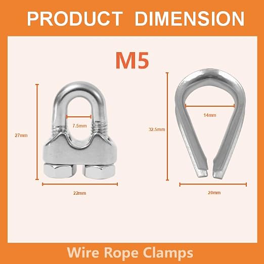 8 Pcs M5 Cable Clamps,Wire Rope Clamp,4 Pcs 3/16" Thimble | Stainless Steel Smooth Rods for Industry, Metal Working Hobbies and DIY Craft