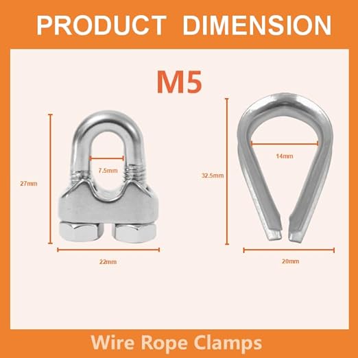 24 Pcs M5 Cable Clamps,Wire Rope Clamp,12Pcs 3/16" Thimble | Stainless Steel Smooth Rods for Industry, Metal Working Hobbies and DIY Craft