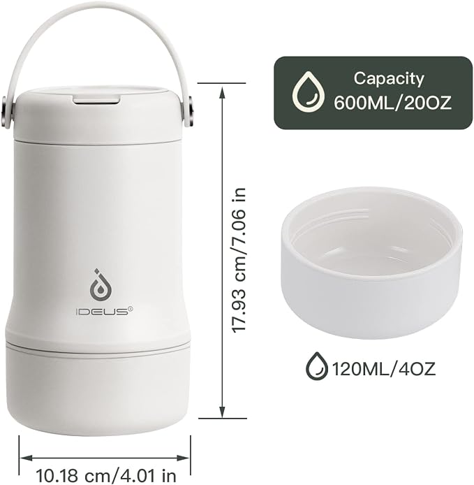 Ideus Soup Thermo with Foldable Spoon and Bowl 20oz, All-in-one Insulated Bento Lunchbox Stainless Steel Leakproof Portable Soup Container Vacuum Thermal Food Jar for Lunch, White