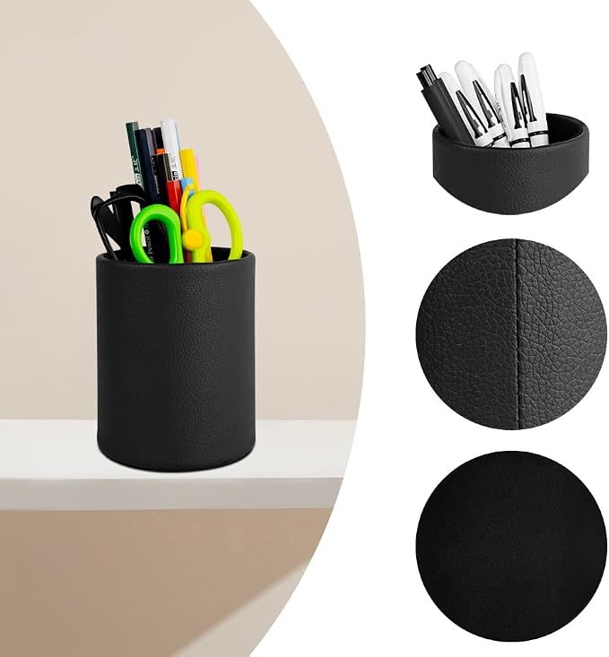 Black Pen Holder, Leather Pencil Holder, Simple pen cup, Elegant pen holder for desk, Desktop pencil cup, Stationery Organizer for Office School Home Dorm (Black)