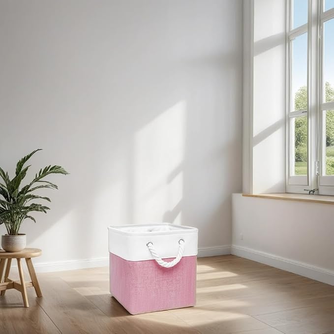 Cube Storage Bins, Collapsible Fabric Storage Cubes Bins, 11 Inch Cube Storage Bins with Handles, Foldable Storage Cubes (Pink, 10.5 * 10.5 * 11inch)