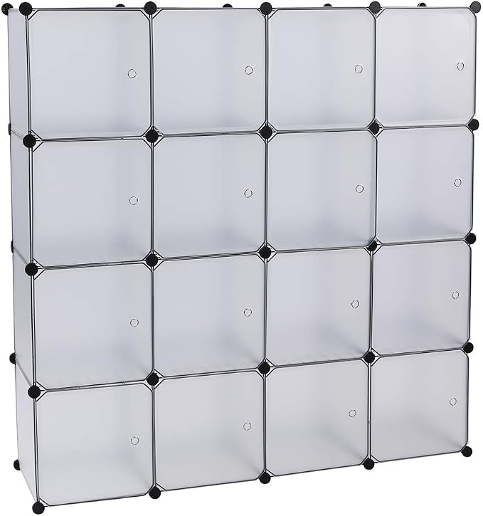 16 Cubes Storage Organizer,Portable Closet Wardrobe,Plastic Clothes Storage Shelves,Modular Bookcase Closet Cabinet,with Doors,for Kitchen, Bedroom, Playroom, Living Room, Office, Dorm (White)