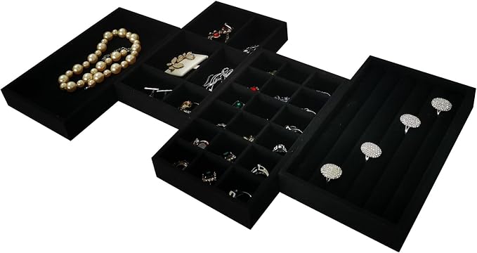 Stackable Jewelry Trays Velvet Drawer Organizer Inserts Tray Jewelry Storage Display Case for Rings,Stud Necklaces,Earrings (Black)