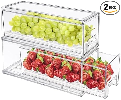 MANO 2Pack Clear Fridge Drawers Pull Out Stackable Refrigerator Drawer Organizer Bins Pantry Storage Box Plastic Food Containers for Kitchen Bathroom Office Closet(X-Small)