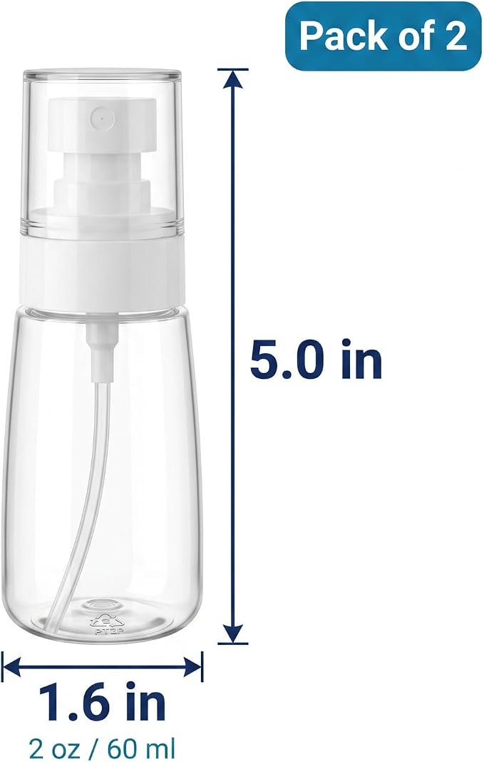 Fine Mist Spray Bottles 2 Pack, 2 oz Clear PETG, Empty Refillable | Mini travel size, PP pump and over-cap, level visible at a glance, for toner, hair water, makeup remover and plants