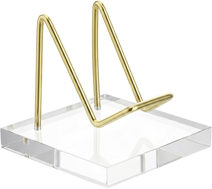 Skrfren Square Business Card Holder Metal Display Stand with Acrylic Base Business Card Holder Desk Rock Easel Stand for Fossil Coral Mineral Rocks Geodes Agate Collectibles