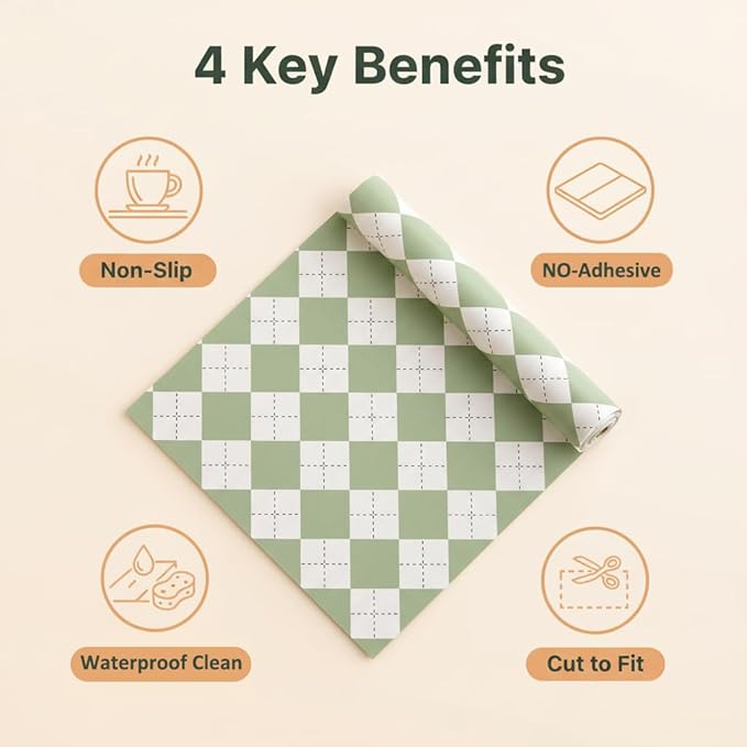 Coavas Shelf and Drawer Liner, Non Slip Extra Grip Non Adhesive Waterproof Thickened Cabinet Mat, Easy Cut for Kitchen Pantry Bathroom Dresser Cupboard (Green Rhombic, 12IN x 30FT)