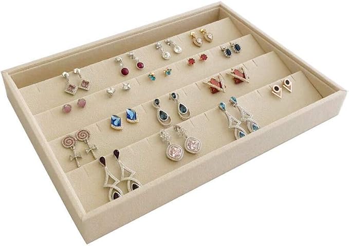 Premium Grade Beige Velvet Jewelry Organization Tray for Earrings Drawer Insert Stackable Closet Organizer
