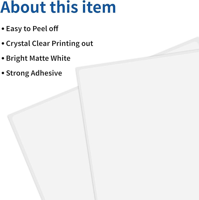 Full Sheet Labels 8.5” x 11” Sticker Paper Matte White, Large Shipping Label Paper for Inkjet Laser Printer, 100 Counts