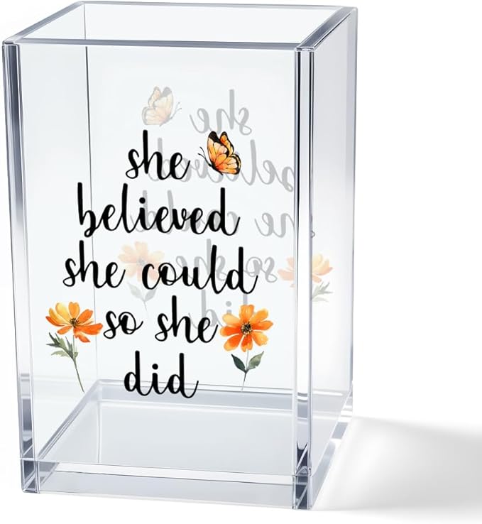 She Believed She Could So She Did Acrylic Cosmetic Pencil Pen Holder Cup, Motivational Desk Organizer Accessories for Home Office Decor, Graduation Inspirational Gifts for Women Girl Coworker