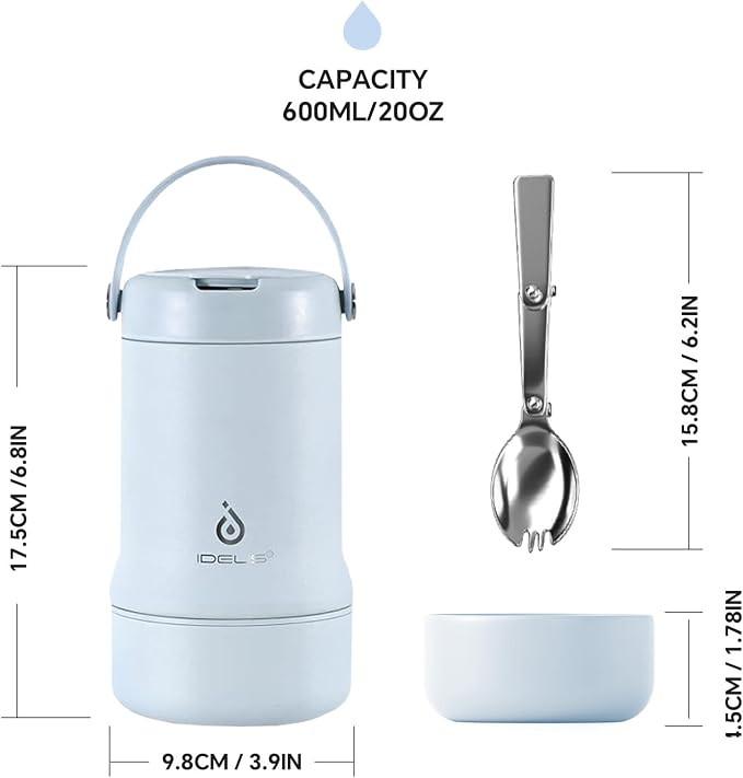 Ideus Soup Thermo with Foldable Spoon and Bowl 20oz, All-in-one Insulated Bento Lunchbox Stainless Steel Leakproof Portable Soup Container Vacuum Thermal Food Jar for Lunch (Light Blue)