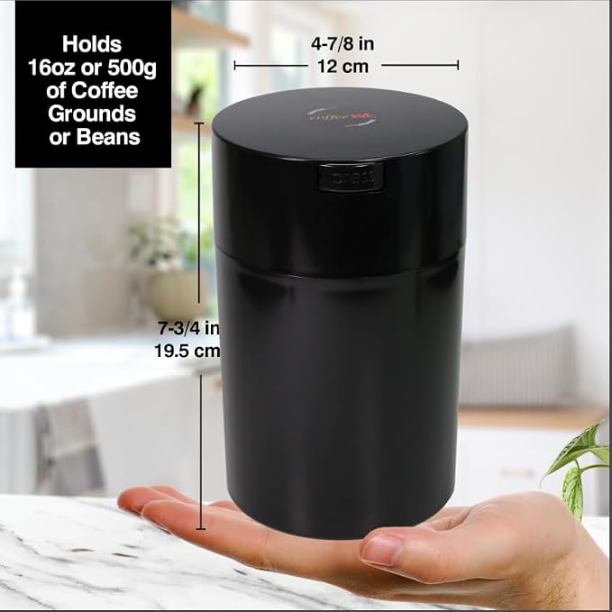 COFFEEVAC 1 LB Airtight Coffee Bean Storage Container, Patented Vacuum Seal, Coffee Grounds Container, 1.85L, Smell Proof, Black Cap and Body