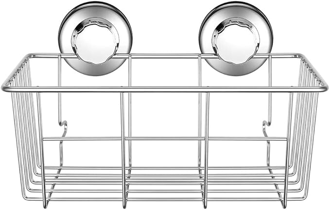 SANNO Suction Cup Shower Caddy Bath Wall Shelf, Deep Bathroom Basket Large Shower Caddy Bath Organizer Kitchen Storage Basket for Gel Holder Bathroom Storage Shampoo, Conditioner -Stainless steel
