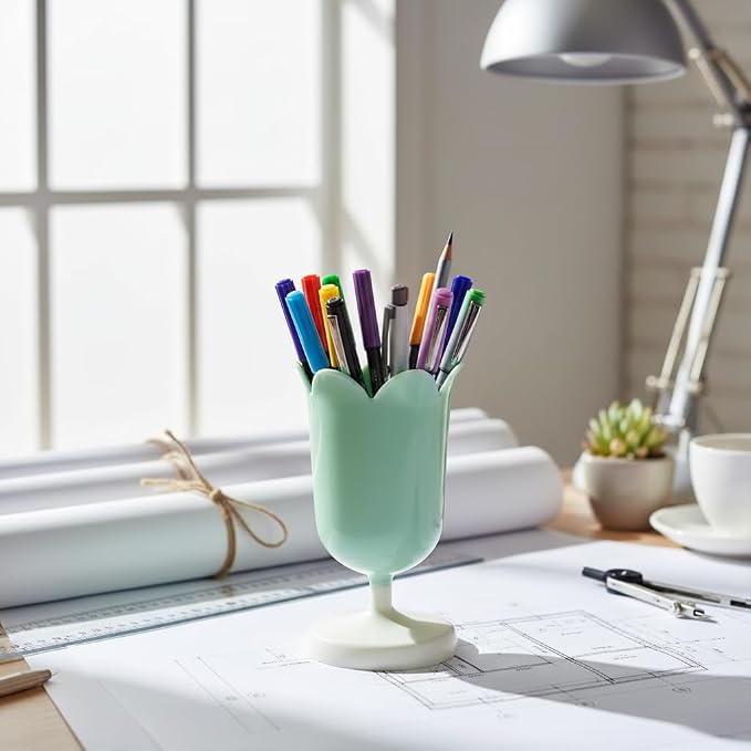 Plastic Tulip Pen Holder Cute Pens Cup for Desk Pen Brush Organizer Office Stationery Supplies Home Decor Desk Supplies Holders and Dispensers (Green)