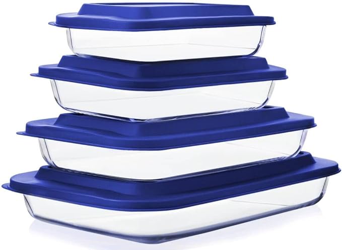 8-Piece Glass Baking Dish Set with Plastic lids,Rectangular Glass Bakeware Set with Lids, Baking Pans for Lasagna, Leftovers, Cooking, Kitchen, Freezer-to-Oven and Dishwasher, Navy Blue