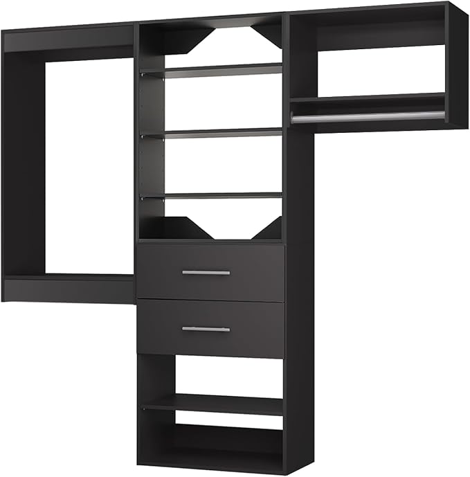 ROOMTEC Modular Closet System, 78" Wall Mounted Modern Closet Organizer with Hanging Rods and Drawers, Wooden Tower for Walk-In Closets, Wardrobe Storage Kit, Black