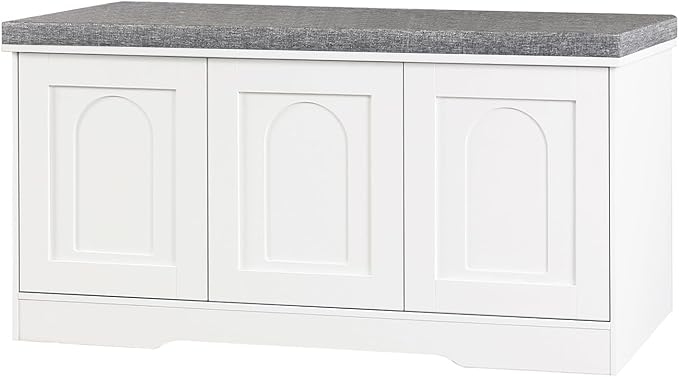 DINZI LVJ Shoe Bench, Entryway Storage Bench with Doors, Cushion, 3-Tier Shoe Rack with 9-Cubby, 39.4" L x 13.8" W Shoe Organizer Cabinet, Fully Adjustable Shelves, Living Room, Bedroom, White