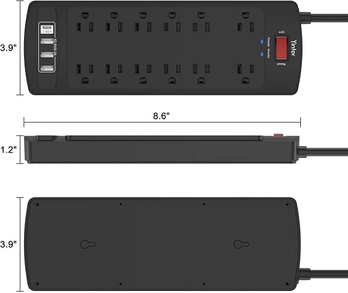 6 Feet Extension Cord Power Strip, Yintar Surge Protector with 12 AC Outlets and 4 USB Ports, 2700 Joules, ETL Listed, Black