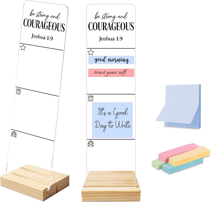 Sticky Note Holder, Monitor Memo Board, Sticky Note Board for Desk, Acrylic Desk Buddy with Wooden Base, Includes 200 Notes, Religious “Be Strong and Courageous Joshua 1:9”