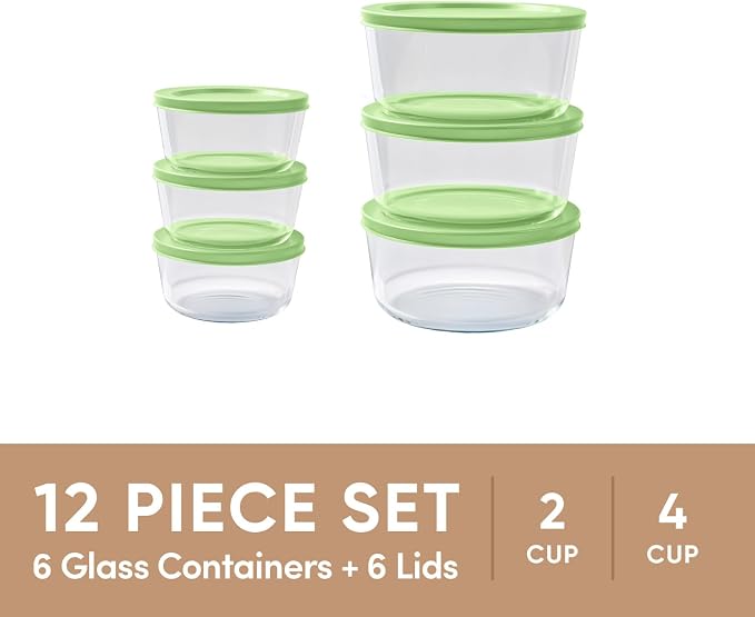 12-Piece Glass Food Storage Containers Set (6 Containers + 6 BPA-Free Lids) | 2-Cup & 4-Cup, Leakproof | Microwave, Freezer, Oven & Dishwasher Safe | Ideal for Meal Prep & Pantry Organization, green