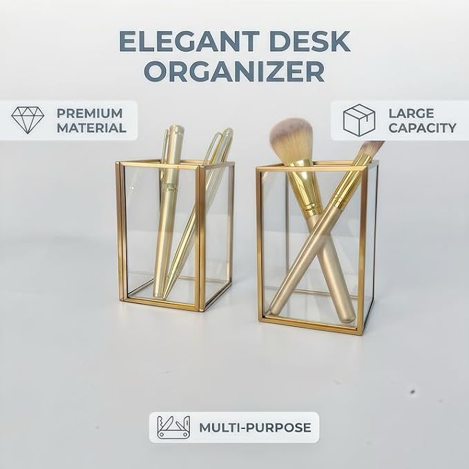 Feyarl Glass Pen Holder Set of 2pcs Clear Pencil Cup Desk Organizer Transparent Glass Office Supplies Holder for Pens Pencils Markers Makeup Brush Holder for Vanity Desktop (2.56 x 2.56 x 3.94 Inch)