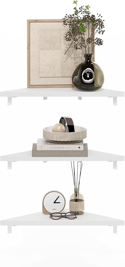 Furinno Rossi Triangle Corner Floating Shelves, Wall Mount Display Shelf, White, Set of 3 (Pack of 2)
