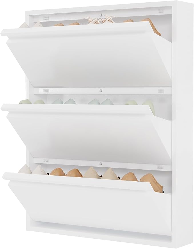 Garvee Slim Metal Shoe Cabinet with 3 Flip Drawers, Narrow Shoe Storage for Entryway, Wall Mounted or Floor Standing, Detachable Bottom Corners for Flexible Placement, Anti-Tip Safety Wall Mount